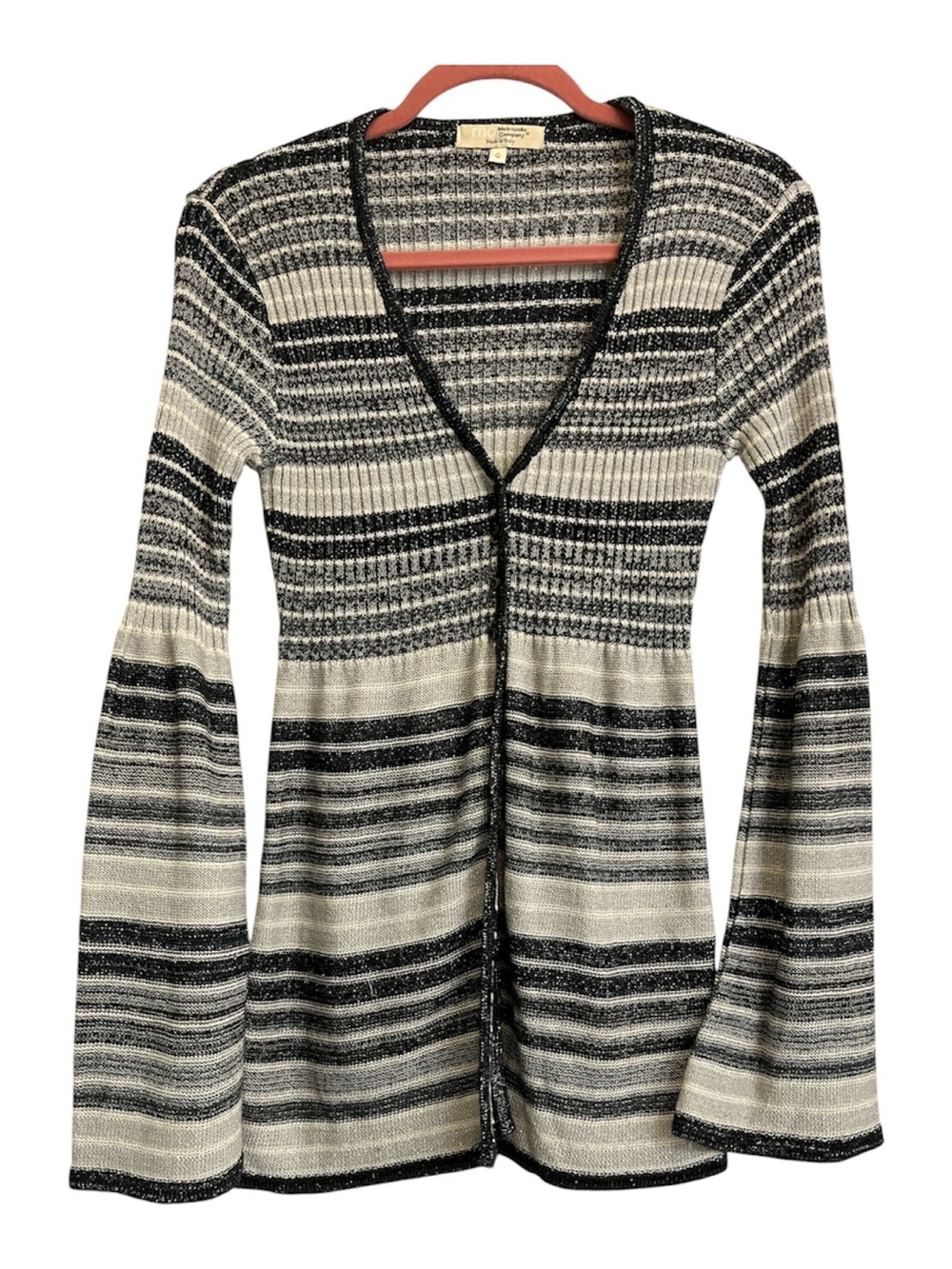 Vintage Striped V-Neck Bell Sleeve Sweater Cardigan - Black & white size G